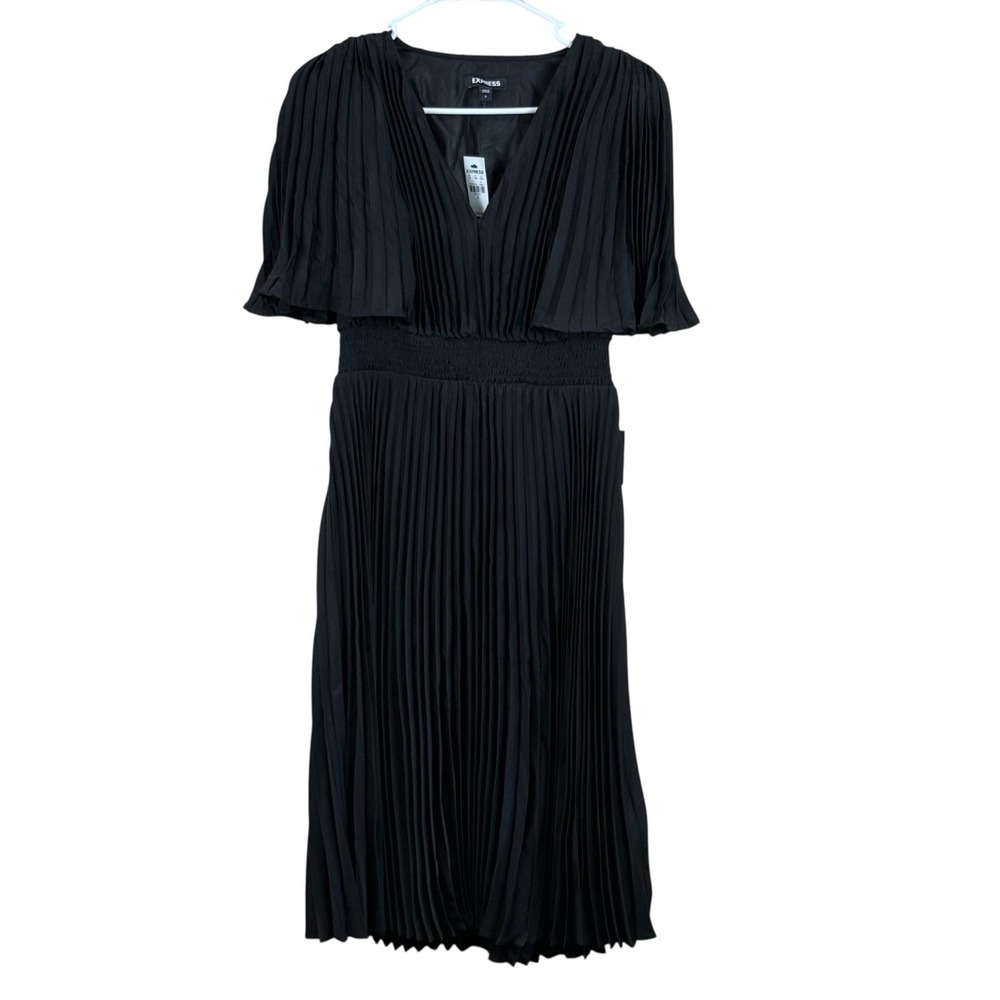 NEW Express Black Pleated V-Neck Capelet Tea Cocktail Dress‎ Sz S Excellent